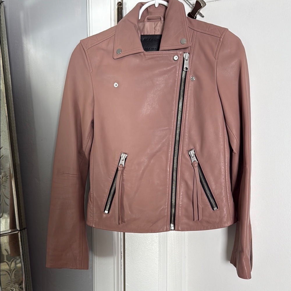 All Saints Pink Leather Moto Jacket Asymmetrical Zipper Fitted